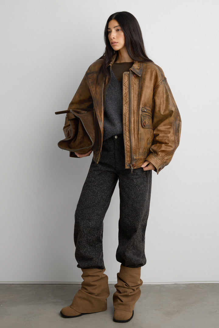 GENUINE LEATHER BROWN DISTRESSED BOMBER JACKET in Brown — alternate angle