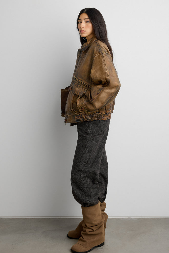 Genuine Leather Brown Distressed Bomber Jacket | OAK + FORT – OAK