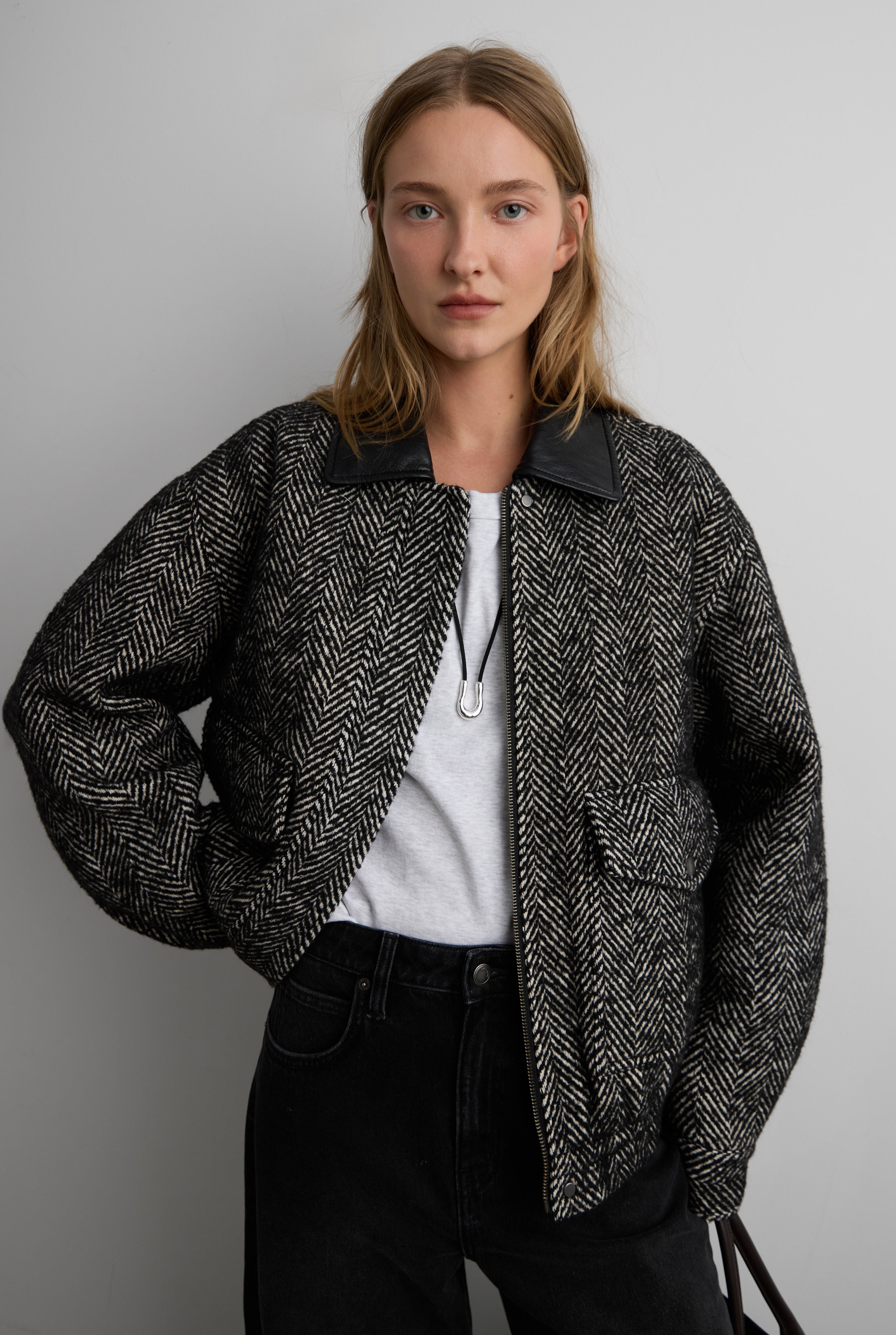 Wool Blend Herringone Bomber Jacket | OAK + FORT – OAK + FORT USA