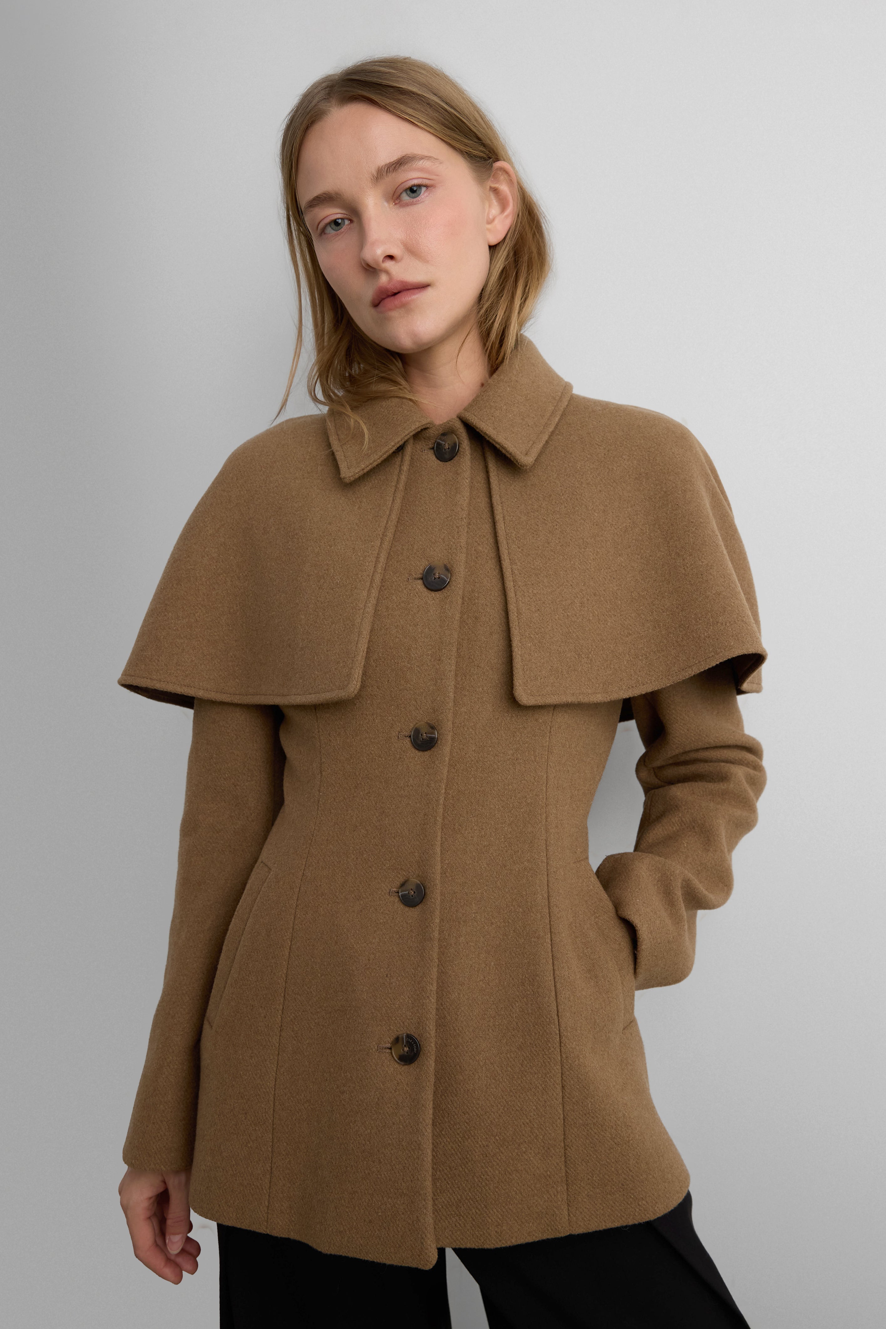 Wool-Blend Coat with Cape | OAK + FORT – OAK + FORT USA