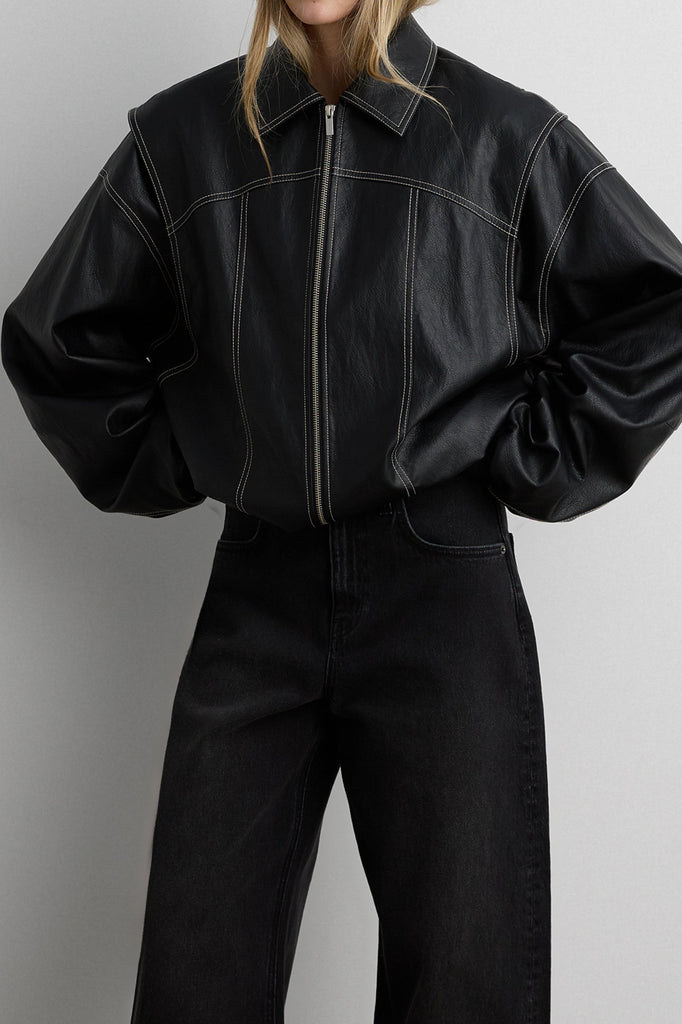 Layered Detail Contrast Stitch Vegan Leather Bomber | OAK + FORT