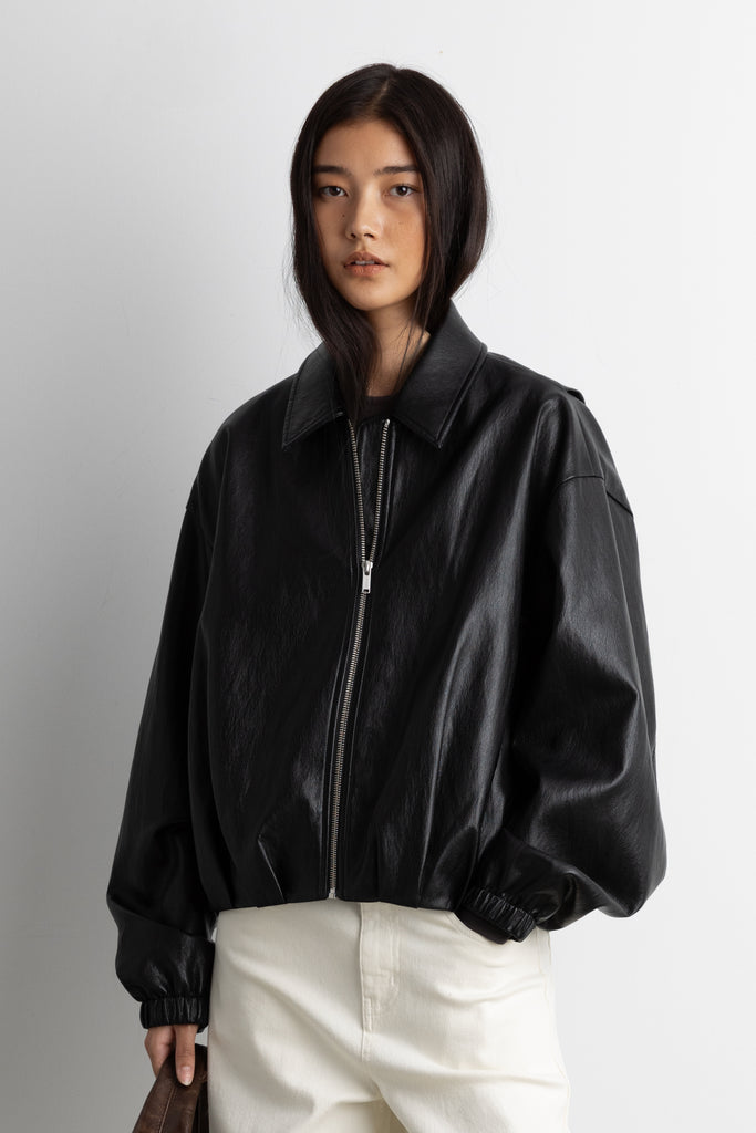 Puffed Vegan Leather Bomber Jacket with Pleats | OAK + FORT – OAK