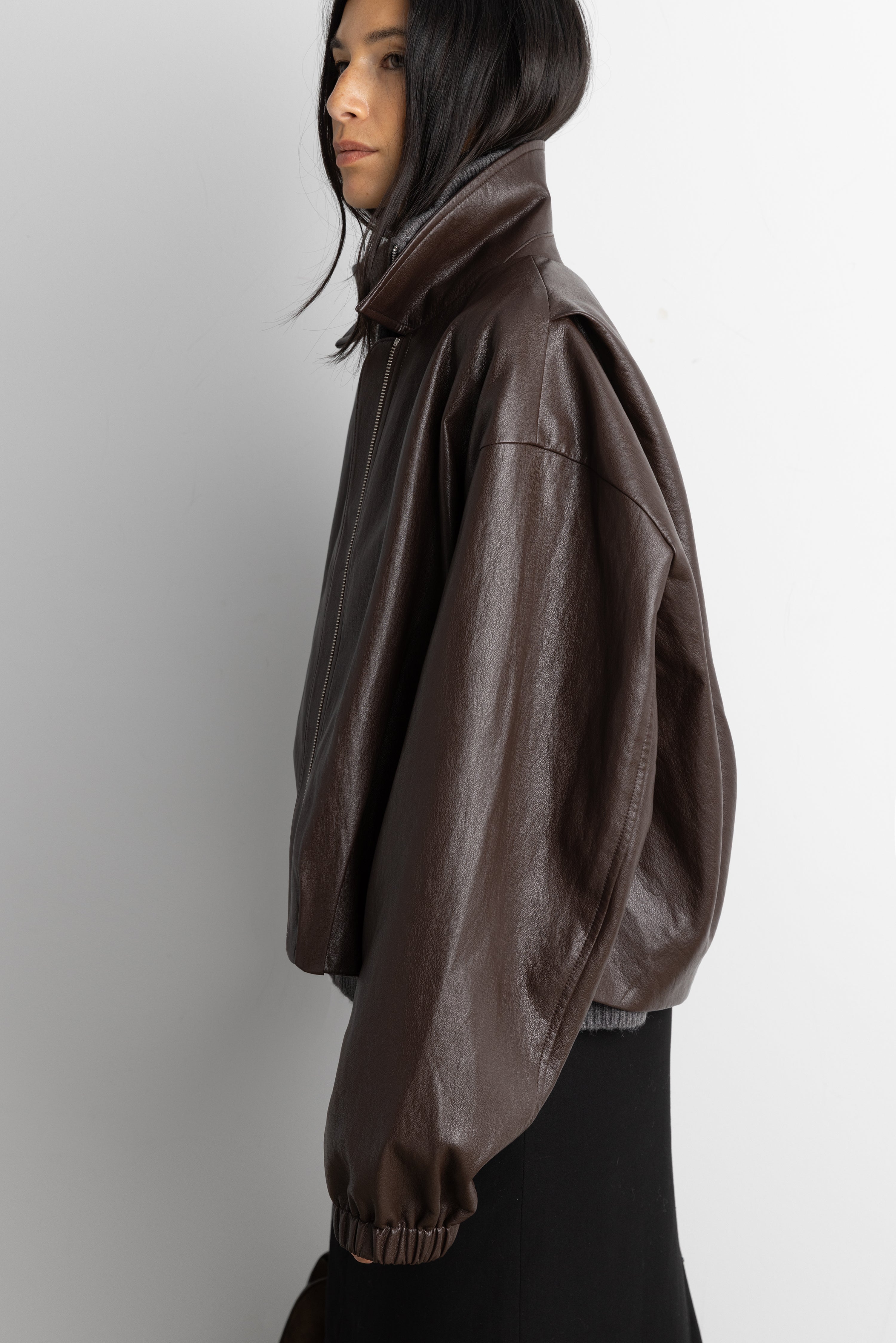Puffed Vegan Leather Bomber Jacket with Pleats | OAK + FORT – OAK