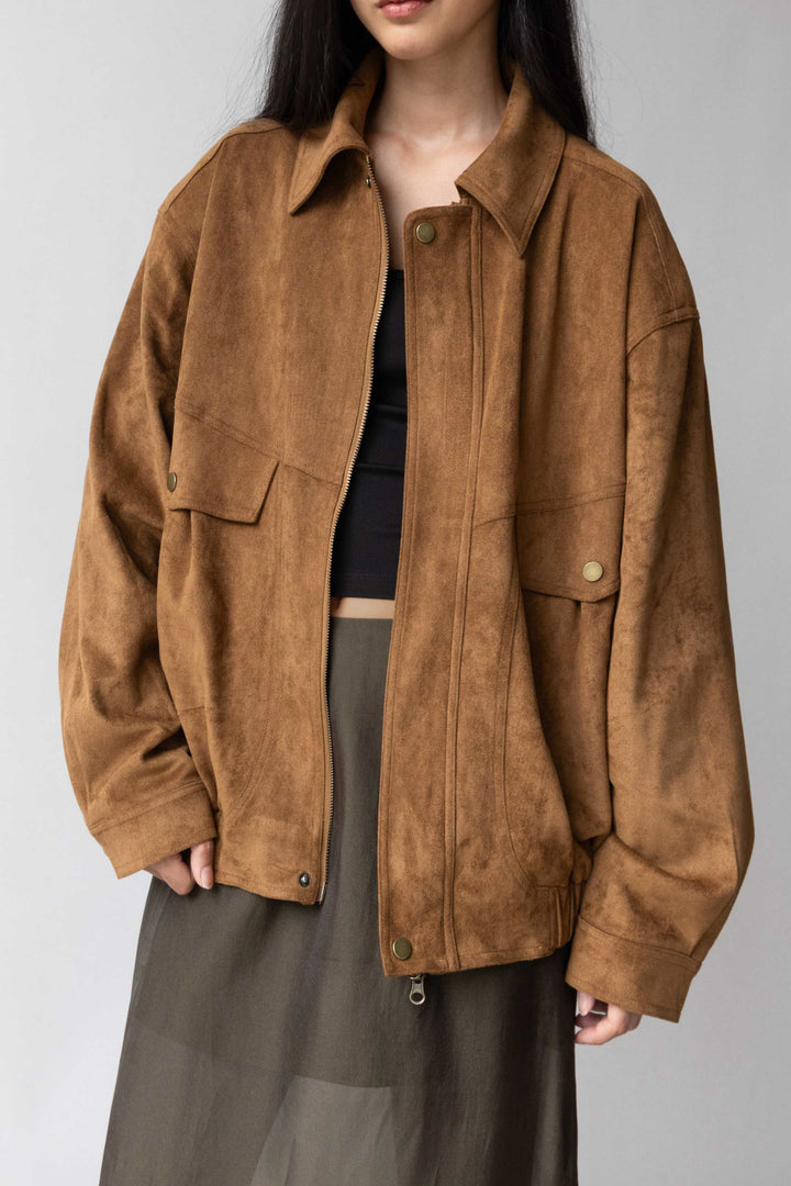 VEGAN SUEDE BOMBER JACKET in Camel — alternate angle