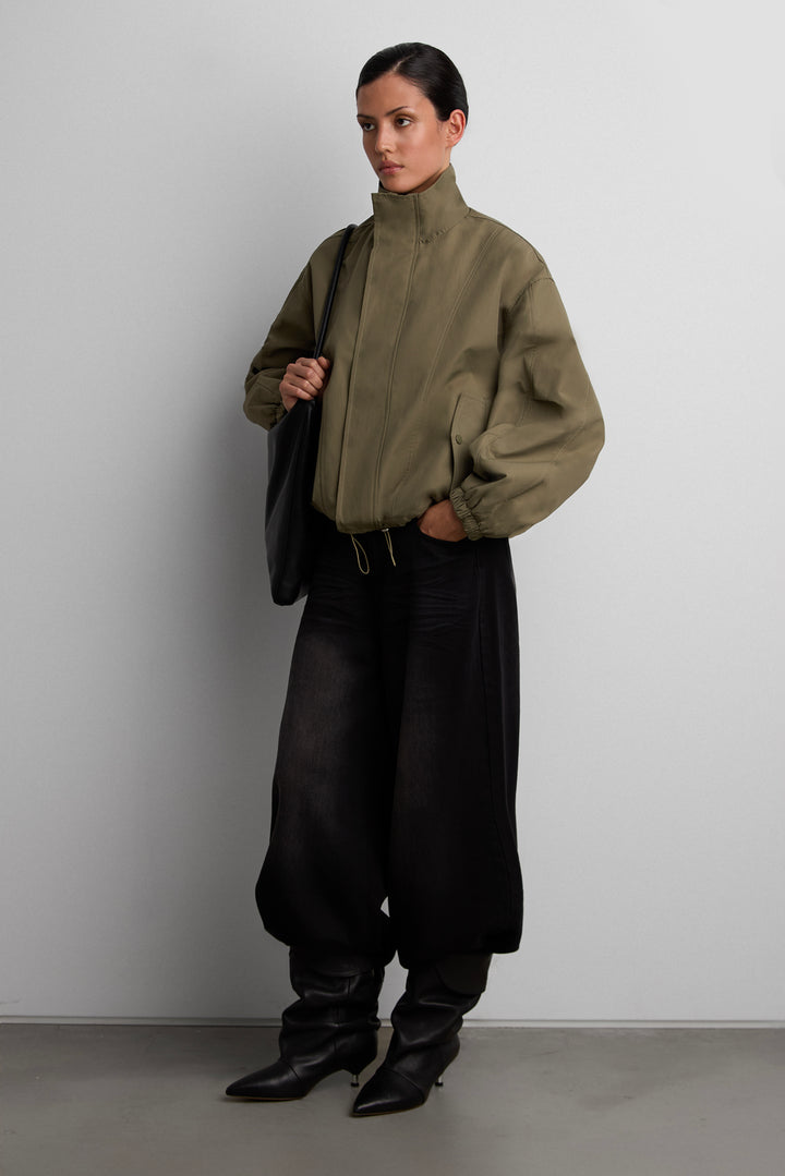 HIGH FUNNEL NECK CROPPED DRAWSTRING JACKET in Army Green — alternate angle
