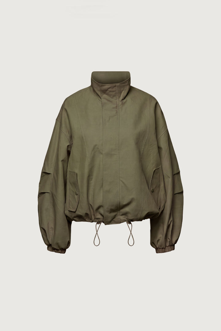HIGH FUNNEL NECK CROPPED DRAWSTRING JACKET in Army Green — alternate angle
