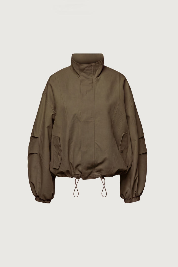 HIGH FUNNEL NECK CROPPED DRAWSTRING JACKET in Brown — alternate angle