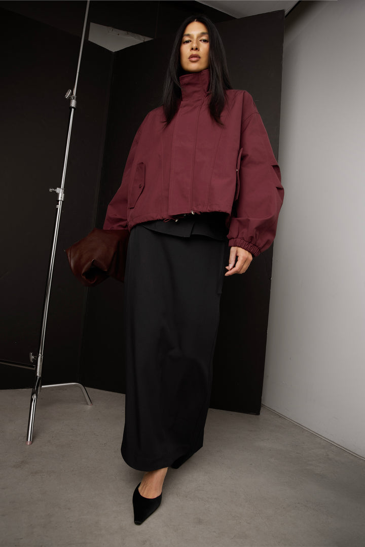 HIGH FUNNEL NECK CROPPED DRAWSTRING JACKET in Wine — alternate angle