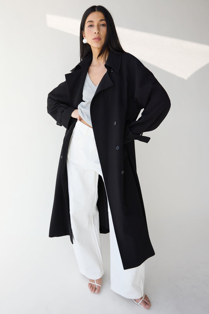 OVERSIZED TRENCH COAT WITH FUNNEL NECK in Black — alternate angle