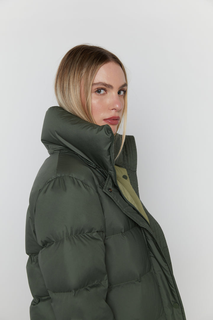 LONG PUFFER JACKET in Thyme Green Olive — alternate angle