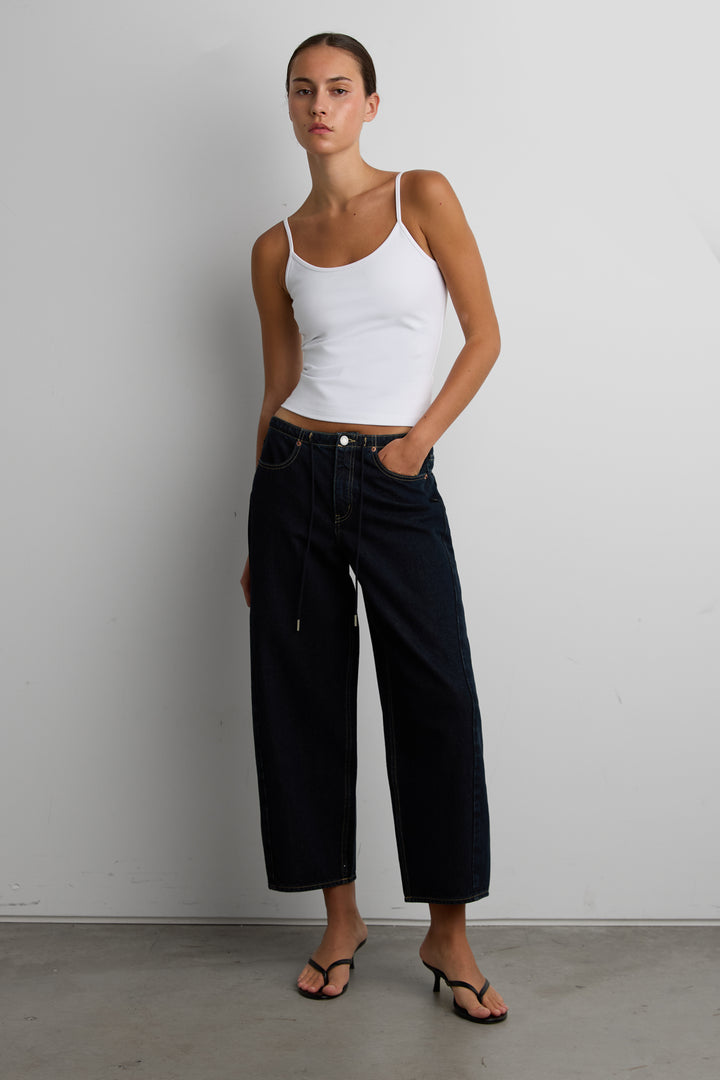 MID-RISE BARREL LEG JEAN WITH DRAWSTRING in RAW INDIGO — alternate angle
