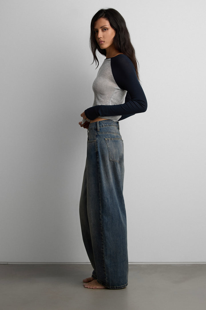 VINTAGE WASH LOW-RISE BARREL LEG JEAN in Dark Wash — alternate angle