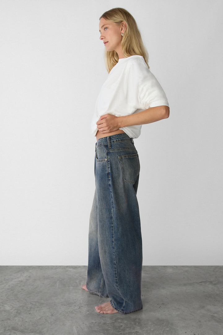 VINTAGE WASH LOW-RISE BARREL LEG JEAN in Dark Wash — alternate angle