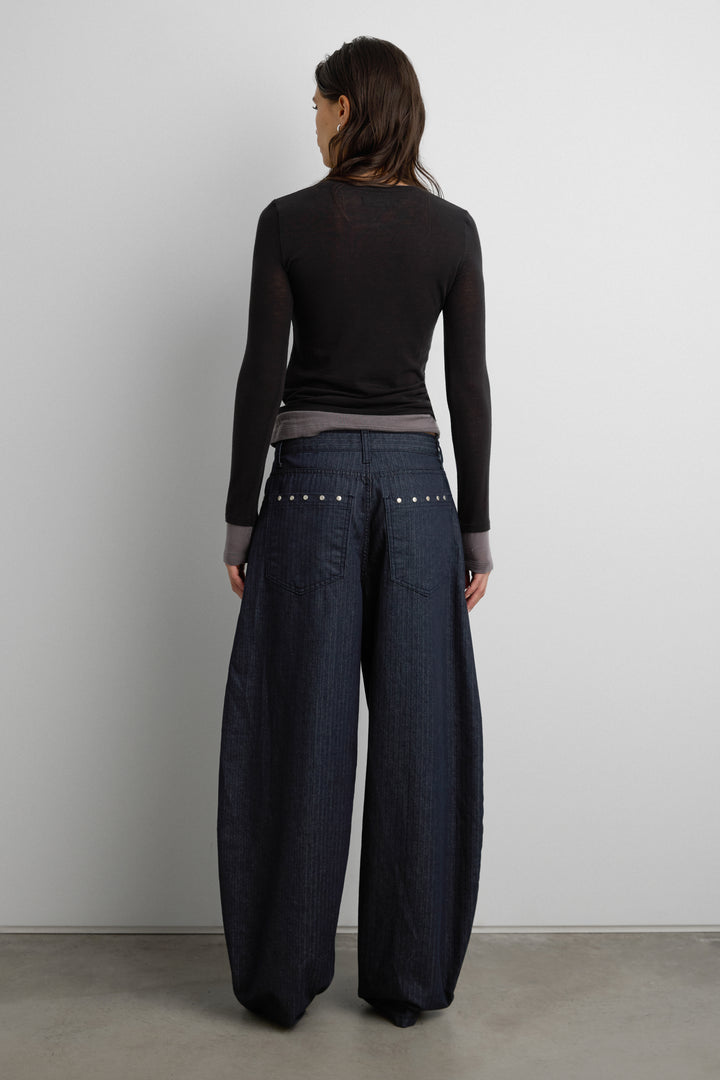 HERRINGBONE STUDDED BARREL JEAN in Indigo — alternate angle