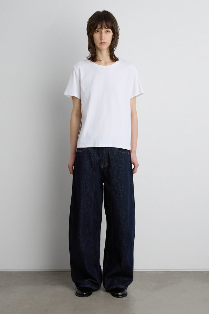 HIGH RISE BARREL LEG JEAN WITH FRONT SEAM DETAIL in Indigo — alternate angle