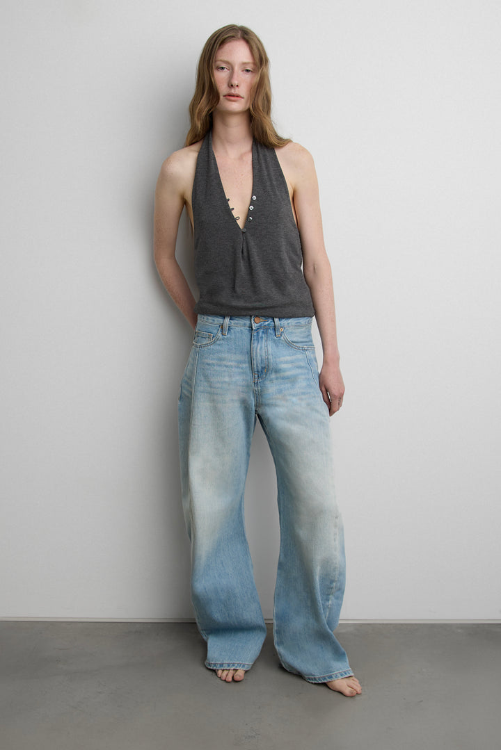 WIDE LEG JEAN WITH FRONT PANEL DETAIL in Light Wash — alternate angle