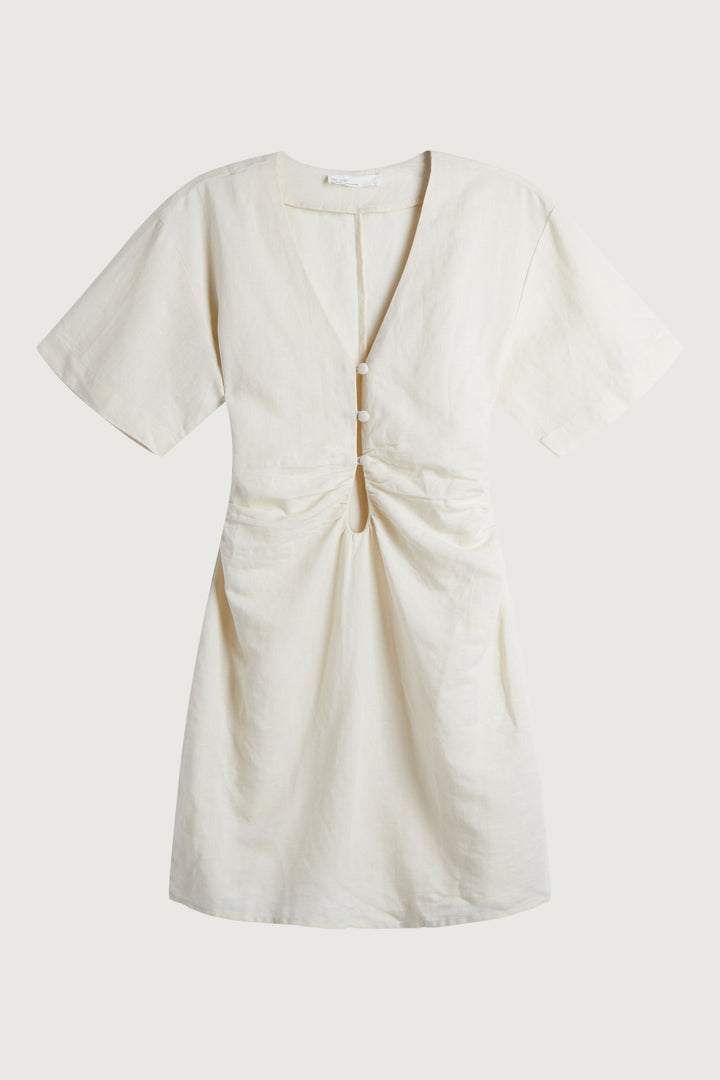 LINEN BLEND MINI DRESS WITH FRONT CUTOUT in Almond Milk — alternate angle