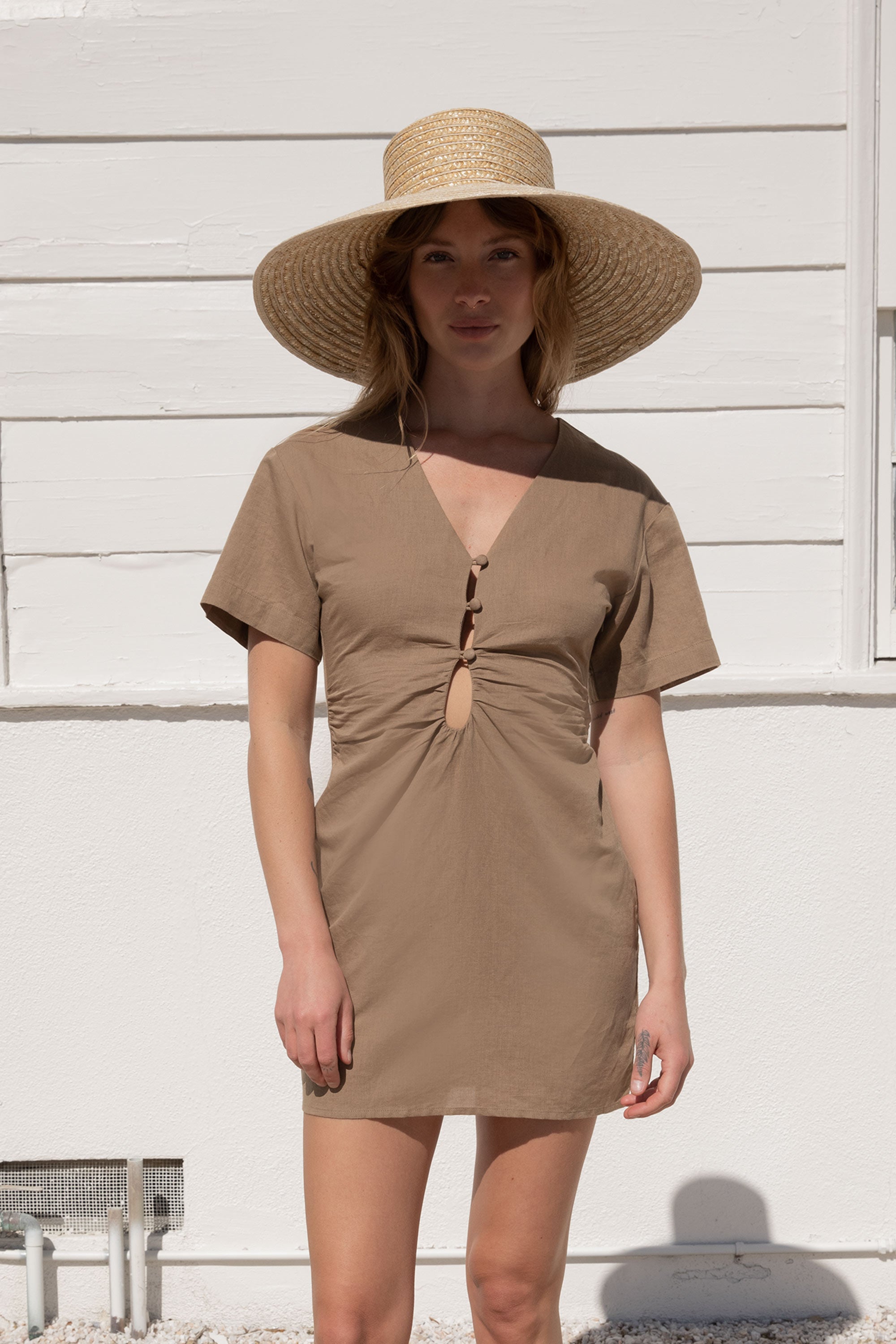 Linen Blend Mini Dress with Front Cutout | OAK + FORT  OAK + FORT USA