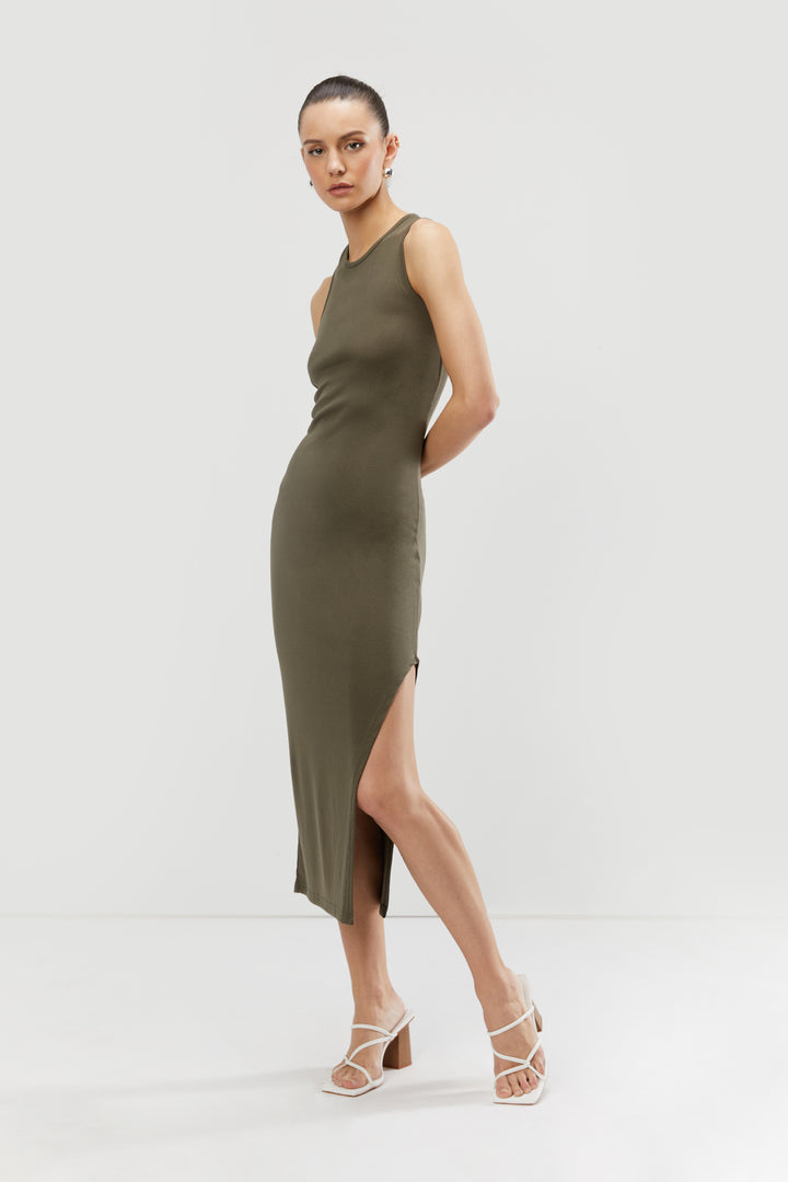 OPEN BACK MIDI DRESS in Taupe — alternate angle