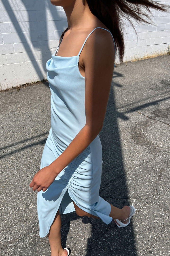 MIDI RUCHED DRESS WITH SIDE SLIT in Light Sky — alternate angle