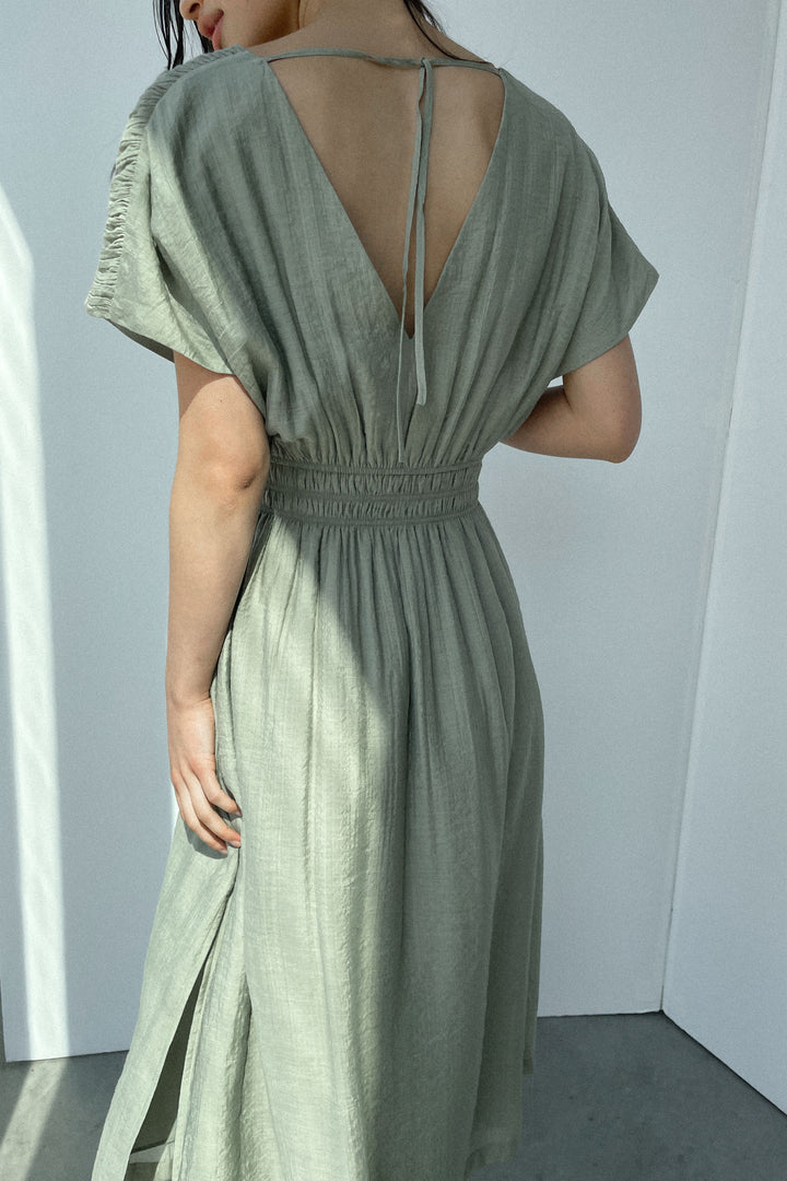 MIDI CRINKLE V-NECK DRESS in Seagrass — alternate angle