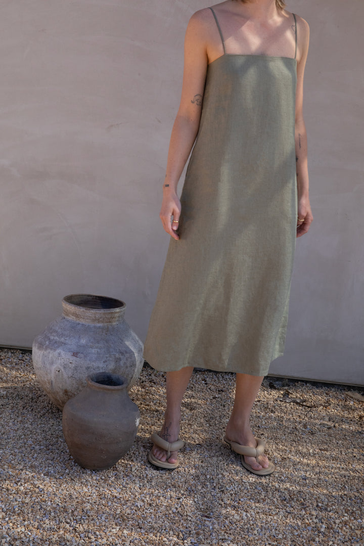 100% LINEN TENT DRESS in Dark Aloe — alternate angle