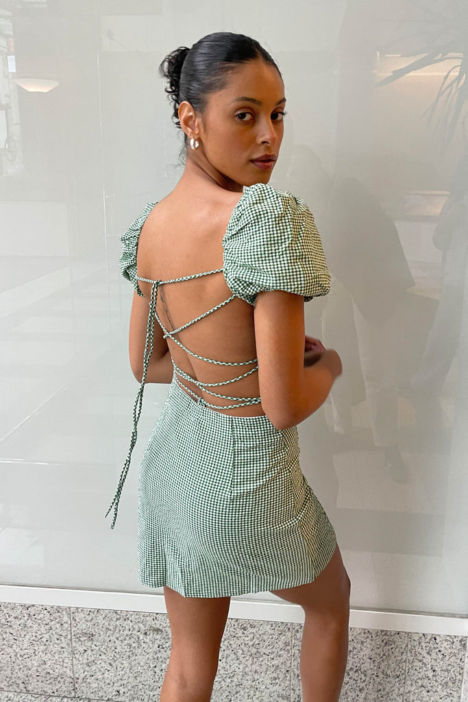 slim fit dress slacks Green Ruffle Gingham Dress– Teuta Matoshi main image 1