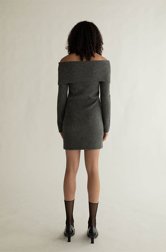 OFF SHOULDER RIB-KNIT MINI DRESS in Asphalt — alternate angle
