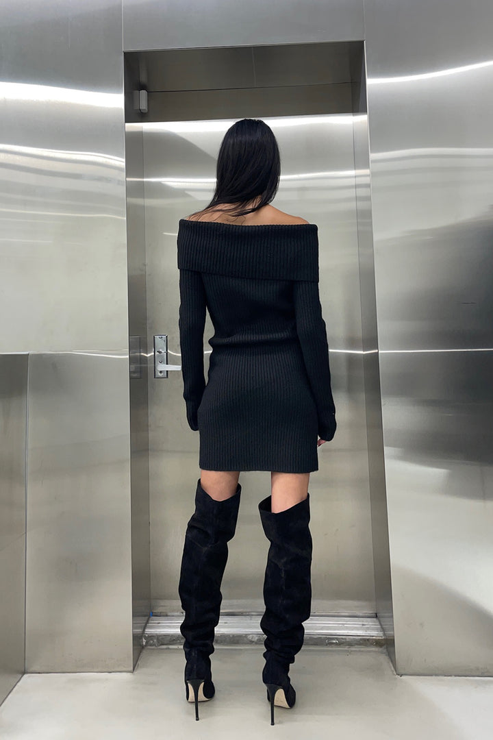OFF SHOULDER RIB-KNIT MINI DRESS in Black — alternate angle