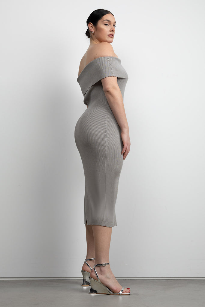 DIANTE RANDOM RIB OFF SHOULDER KNIT グレー Ribbed Off The Shoulder Midi Dress | OAK + FORT – OAK + FORT USA