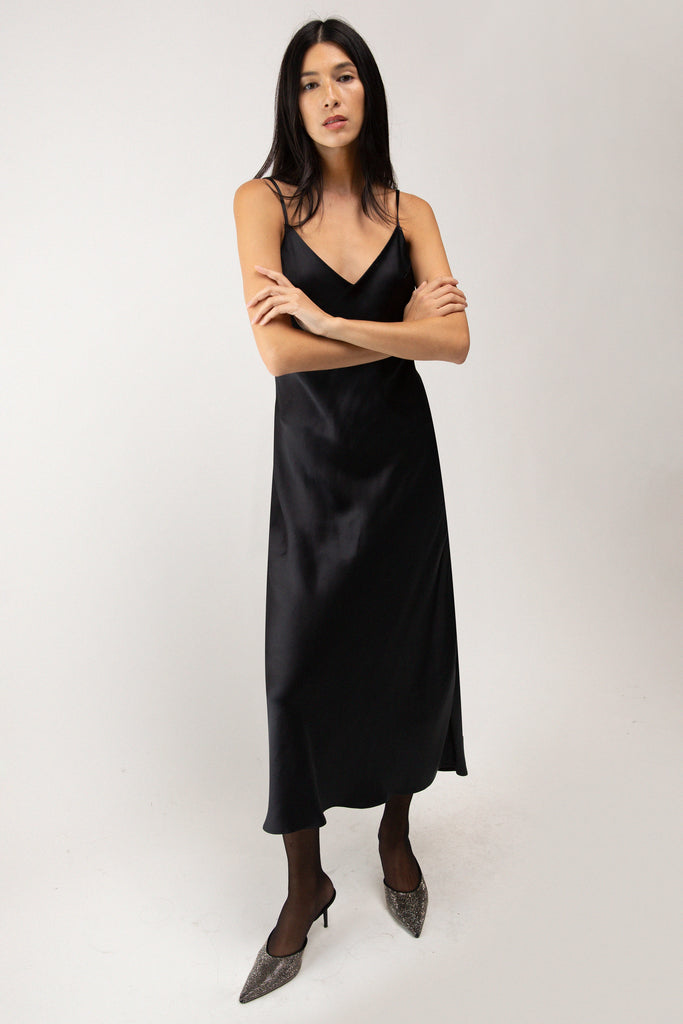 Satin V-Neck Slip Midi Dress | OAK + FORT Black / Medium Satin V-Neck Slip Midi Dress | OAK + FORT Black / Medium