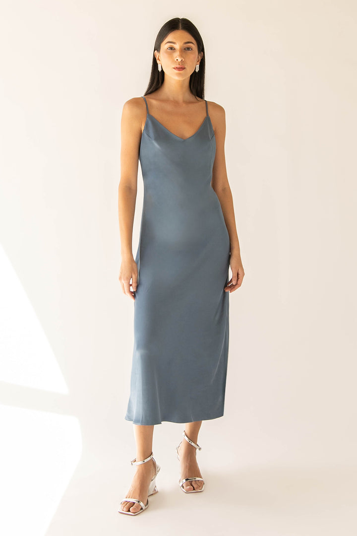 SATIN V-NECK SLIP MIDI DRESS