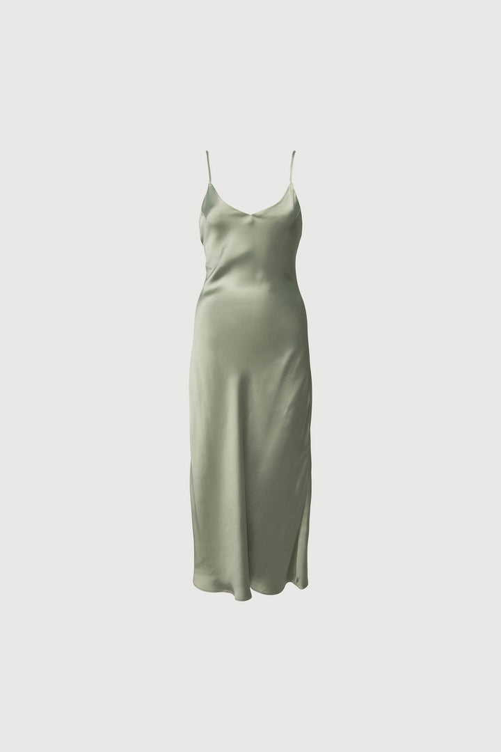 SATIN V-NECK SLIP MIDI DRESS