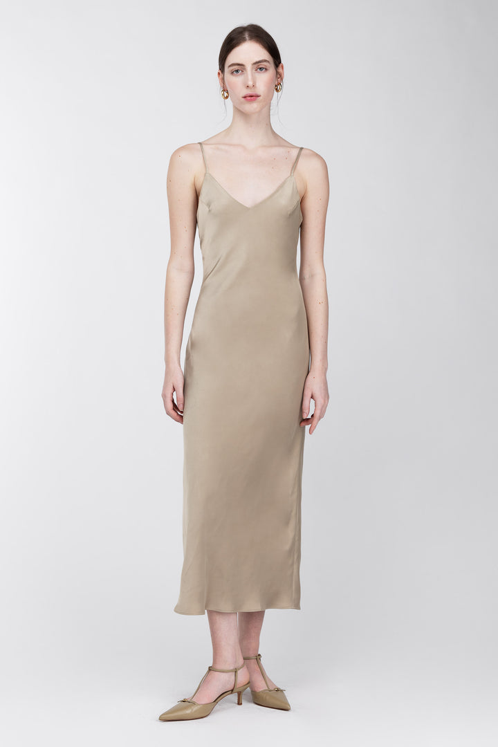 SATIN V-NECK SLIP MIDI DRESS