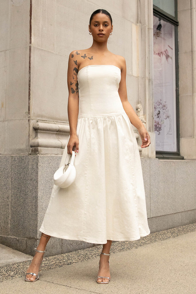 DROP-WAIST STRAPLESS TWILL DRESS OAK + FORT USA DROP-WAIST STRAPLESS TWILL DRESS OAK + FORT USA