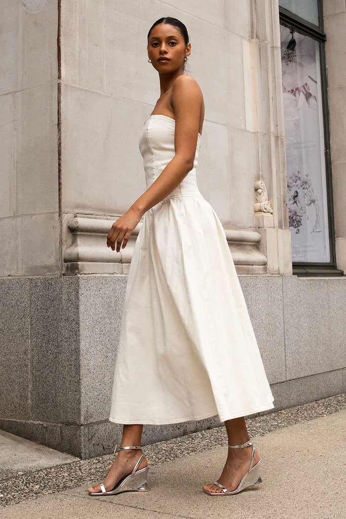 DROP-WAIST STRAPLESS TWILL DRESS OAK + FORT USA DROP-WAIST STRAPLESS TWILL DRESS OAK + FORT USA