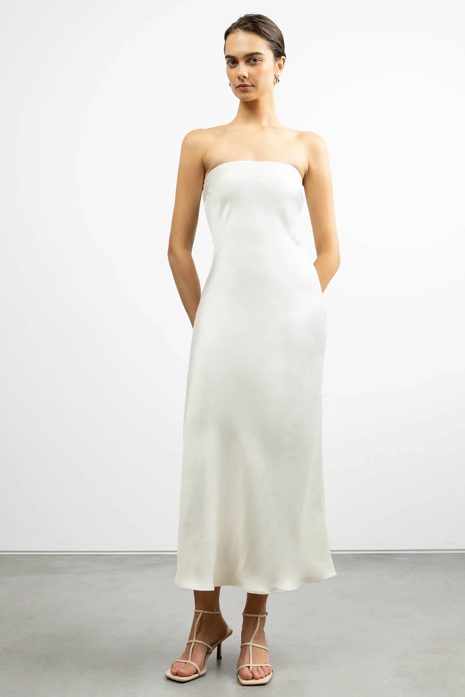 STRAPLESS SATIN DRESS – OAK + FORT USA
