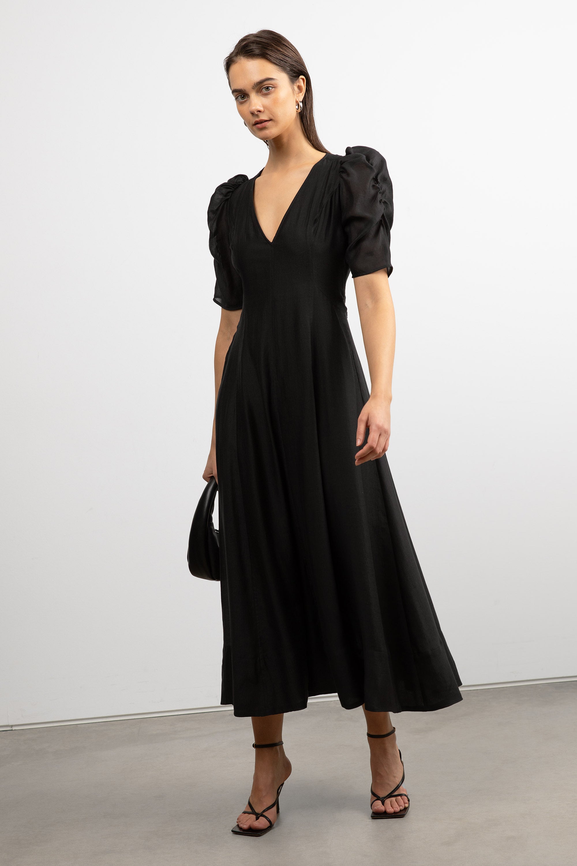 V-Neck Puff Sleeve Maxi Dress | OAK + FORT Black / Large V-Neck Puff Sleeve Maxi Dress | OAK + FORT Black / Large