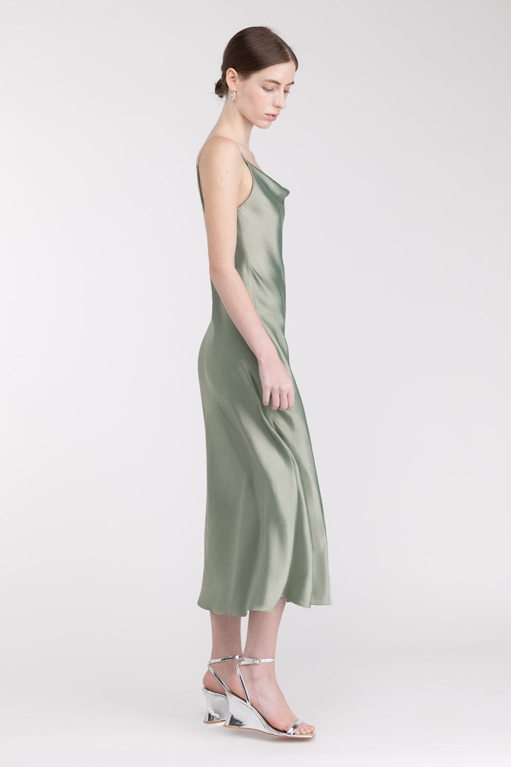 COWL NECK SATIN MIDI DRESS