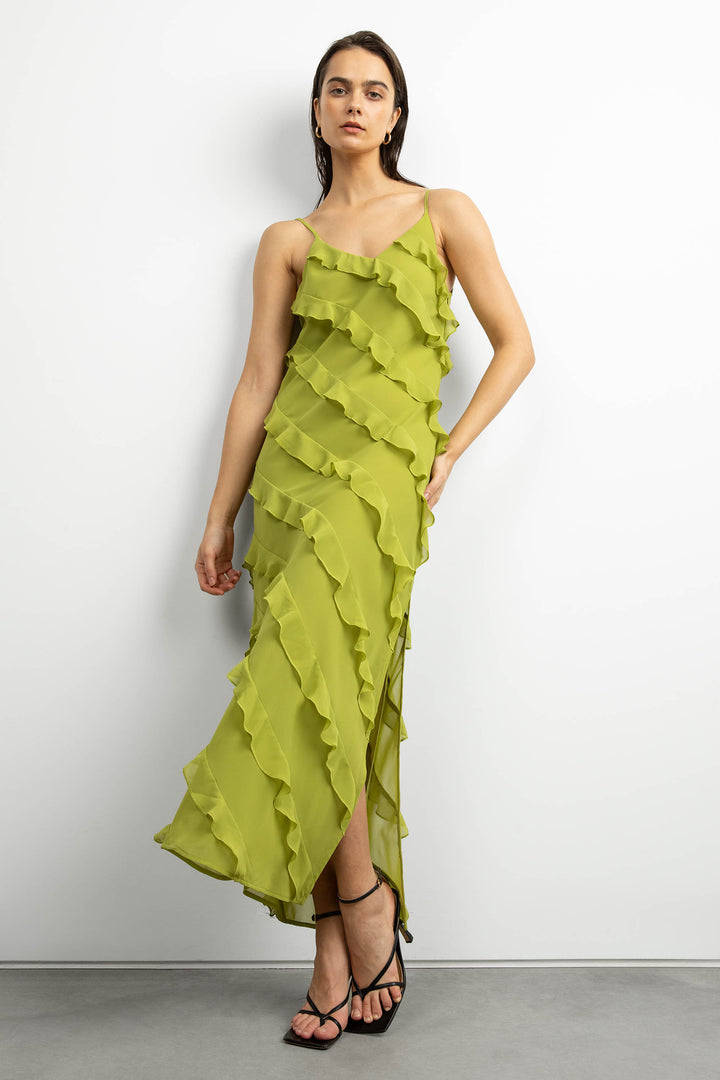 RUFFLED MAXI DRESS in PICKLED PEPPER — alternate angle