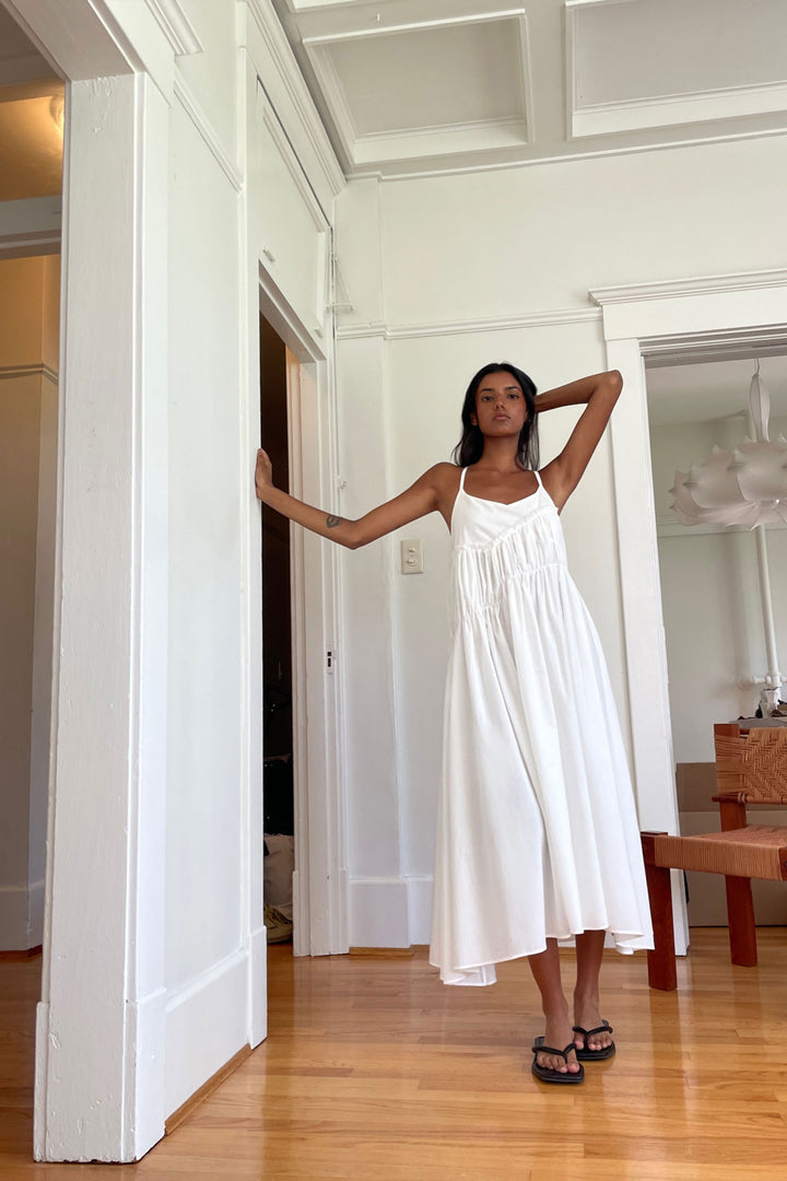 MIDI DRESS WITH ASYMMETRICAL RUCHING in White — alternate angle