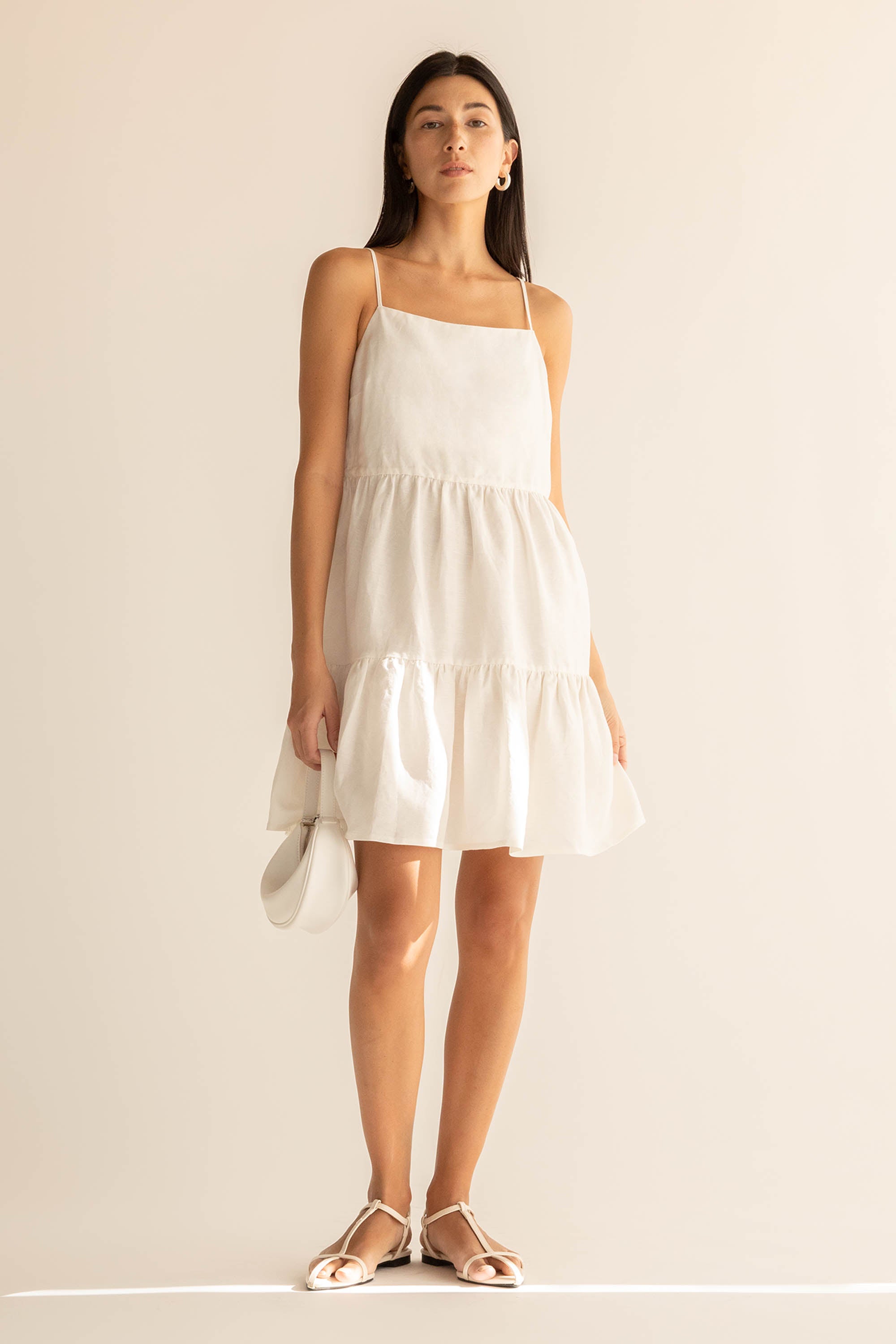 Linen Blend Tiered Mini Dress | OAK + FORT OAK + FORT USA Linen Blend Tiered Mini Dress | OAK + FORT OAK + FORT USA