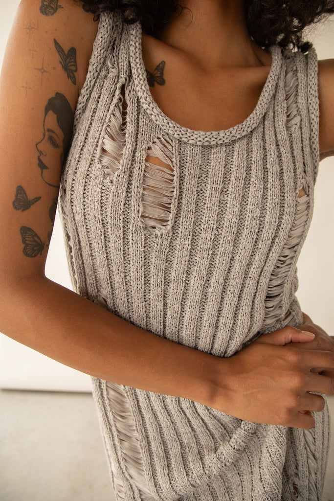 Sleeveless Rib-Knit Distressed Midi Dress | OAK + FORT OAK + FORT USA Sleeveless Rib-Knit Distressed Midi Dress | OAK + FORT OAK + FORT USA