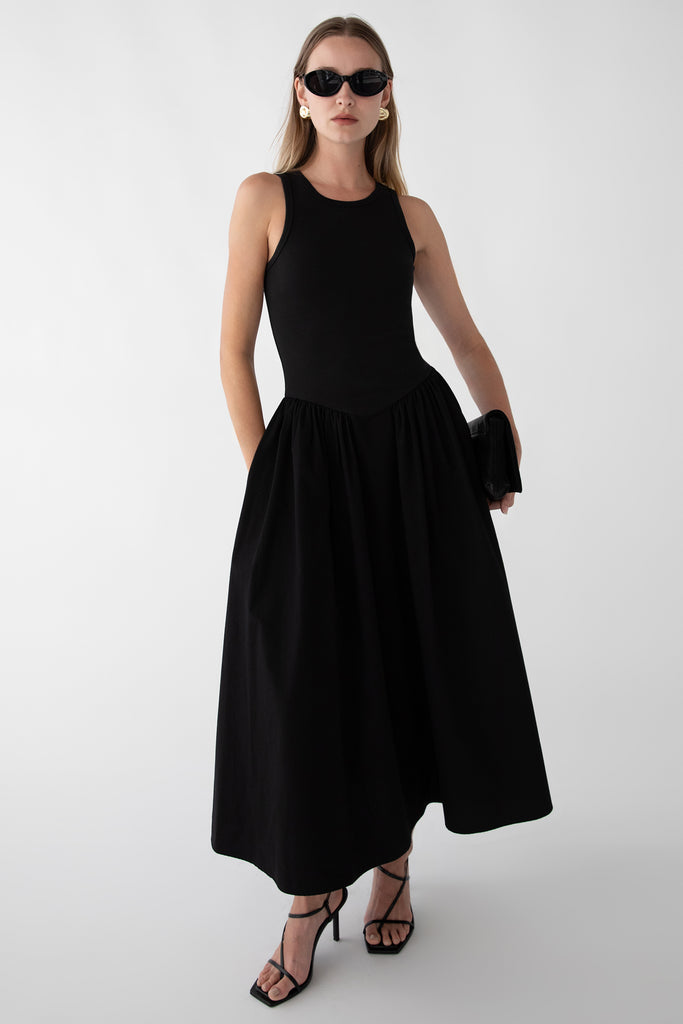 Poplin Rib-Knit Drop Waist Midi Dress | OAK + FORT White / Small Poplin Rib-Knit Drop Waist Midi Dress | OAK + FORT White / Small