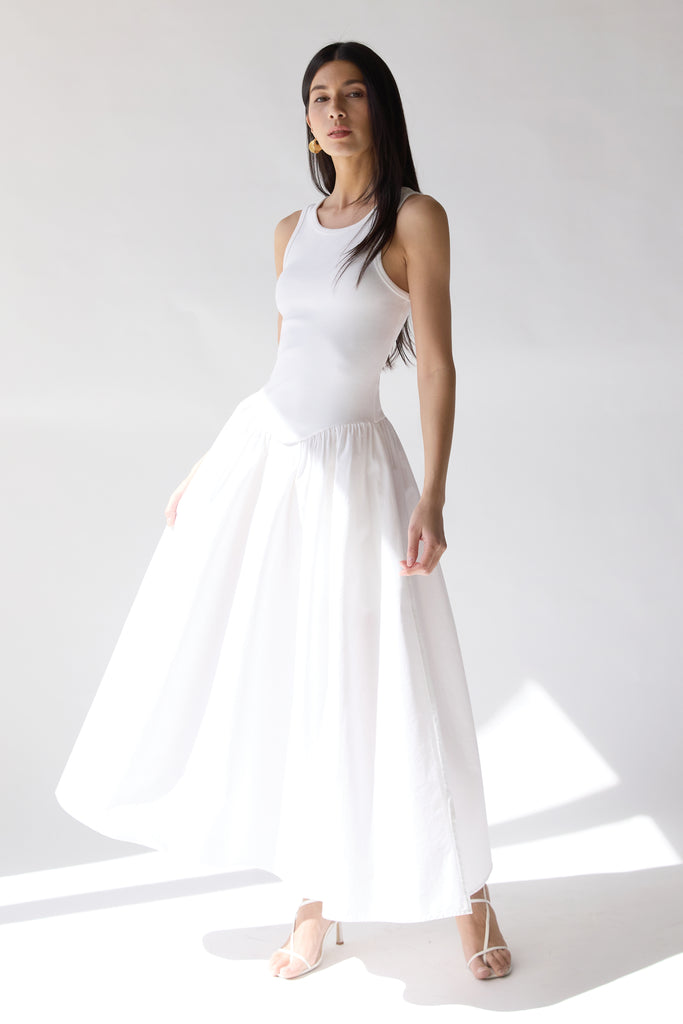 Poplin Rib-Knit Drop Waist Midi Dress