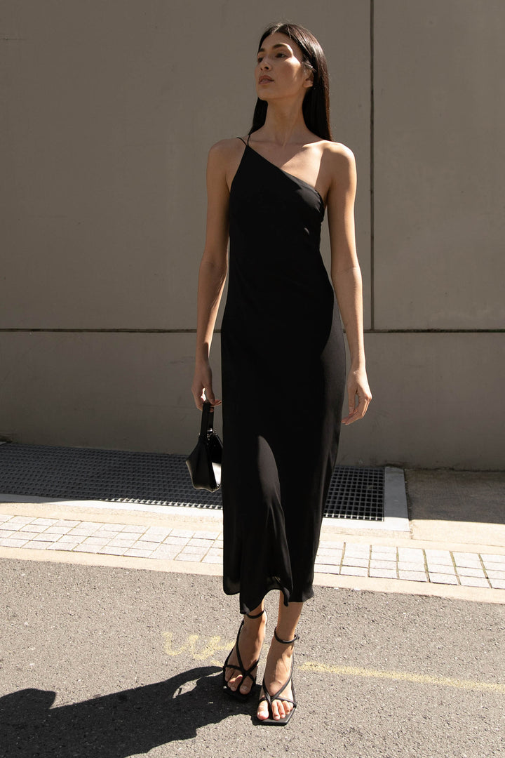 ONE SHOULDER MIDI DRESS in Black — alternate angle