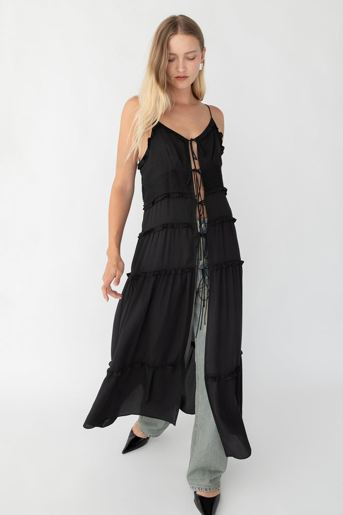 ohsevendays tiered sheer midi dress Sheer Tie-Front Tiered Midi Dress