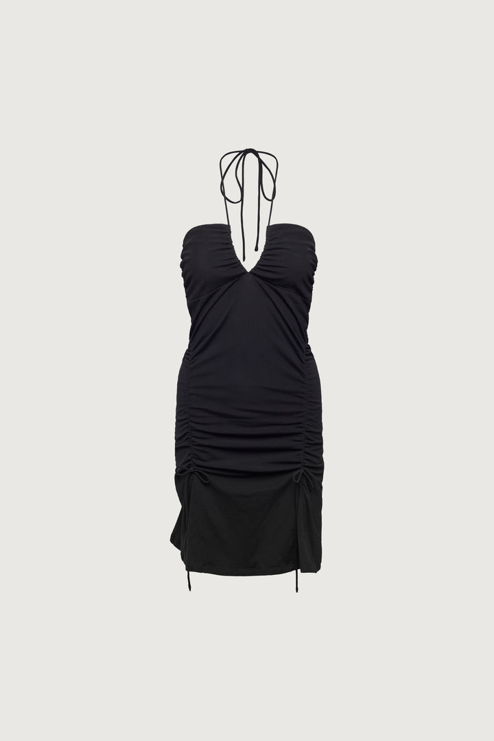 RUCHED HALTER MINI DRESS in Black — alternate angle