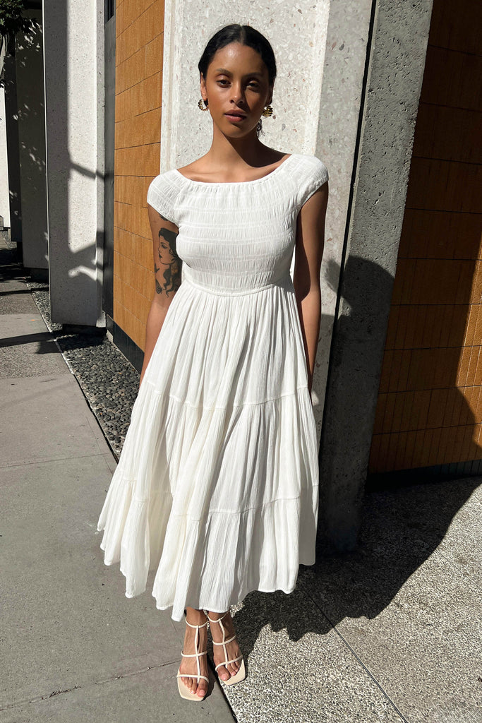 loose tiered midi dress Tiered Midi Dress with Sleeves - Paige