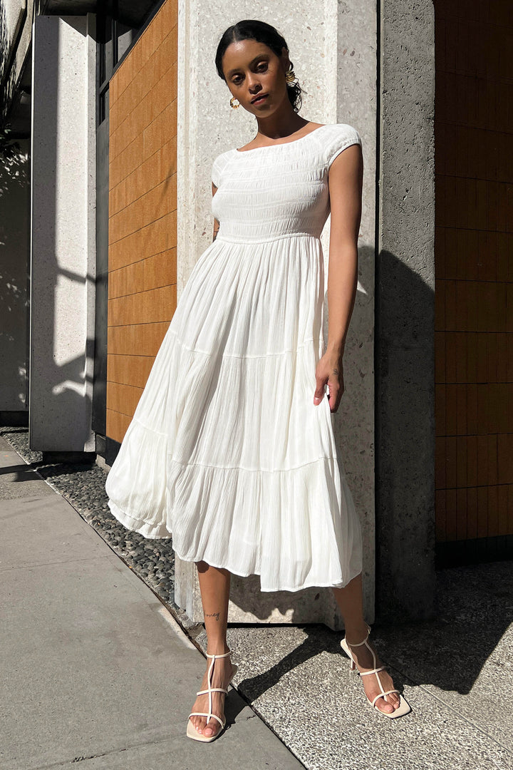 OFF THE SHOULDER CRINKLED MIDI TIERED DRESS